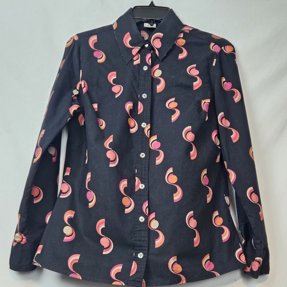 70s Womens Geometric Print Black Button Down Shirt